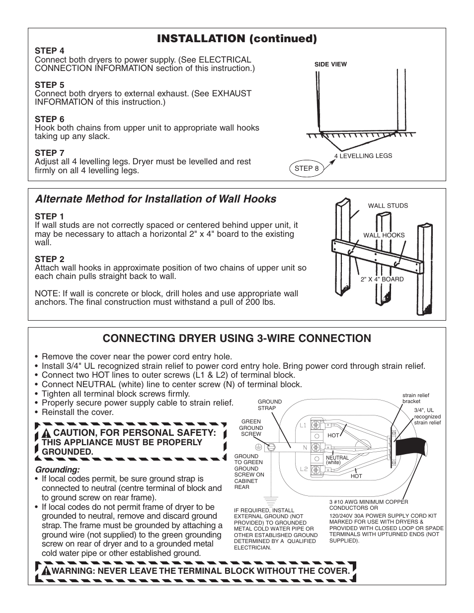 Alternate method for installation of wall hooks, Installation (continued), Connecting dryer using 3-wire connection | Caution, for personal safety | Panasonic VA-12020 User Manual | Page 2 / 4