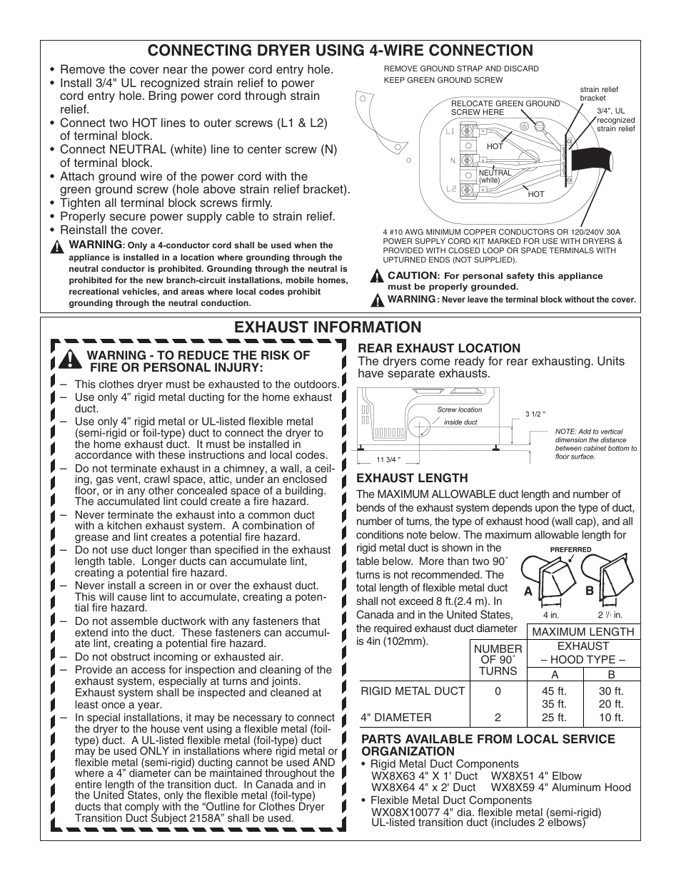 Connecting dryer using 4-wire connection, Exhaust information | Panasonic VA-12020 User Manual | Page 3 / 4