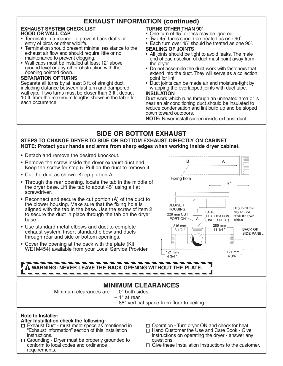 Side or bottom exhaust, Minimum clearances, Exhaust information (continued) | Panasonic VA-12020 User Manual | Page 4 / 4
