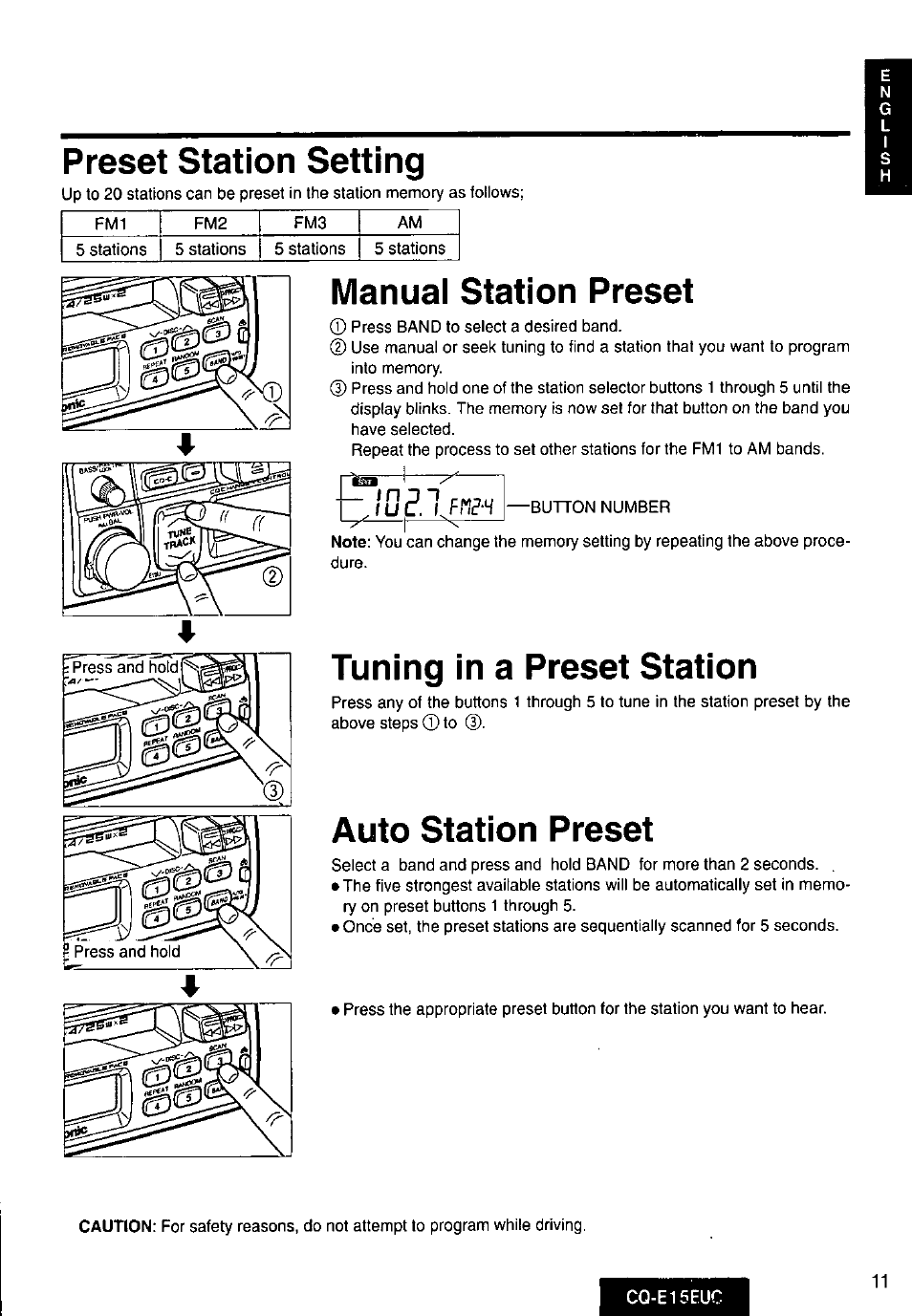 Manual station preset, Tuning in a preset station, Auto station preset | Preset station setting | Panasonic CQE15EUC User Manual | Page 11 / 76