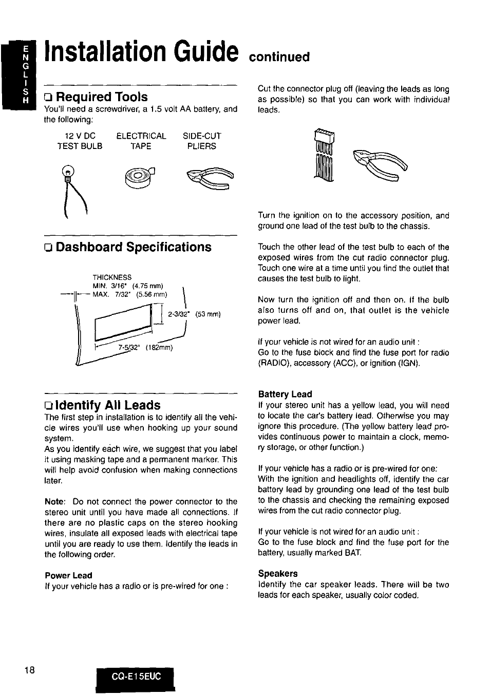 Required tools, Dashboard specifications, Identify all leads | Battery lead, Speakers, Installation guide, Continued | Panasonic CQE15EUC User Manual | Page 18 / 76