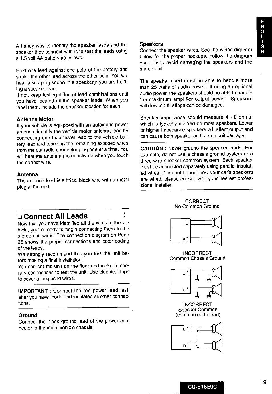 Antenna motor, Antenna, Speakers | Connect all leads, Ground | Panasonic CQE15EUC User Manual | Page 19 / 76