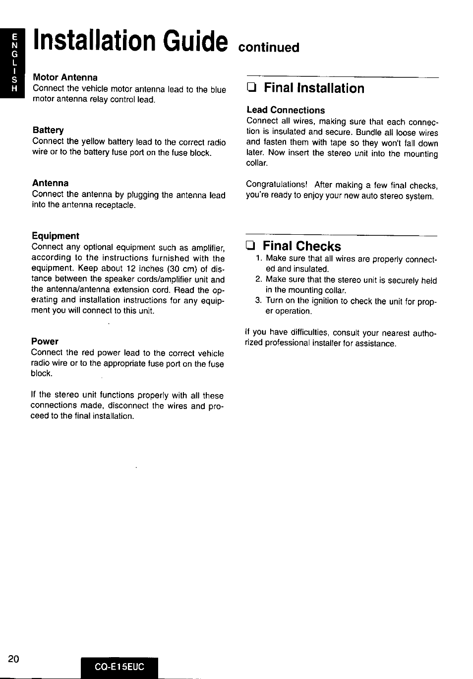Motor antenna, Battery, Final installation | Lead connections, Antenna, Equipment, Power, Final checks, Installation guide | Panasonic CQE15EUC User Manual | Page 20 / 76