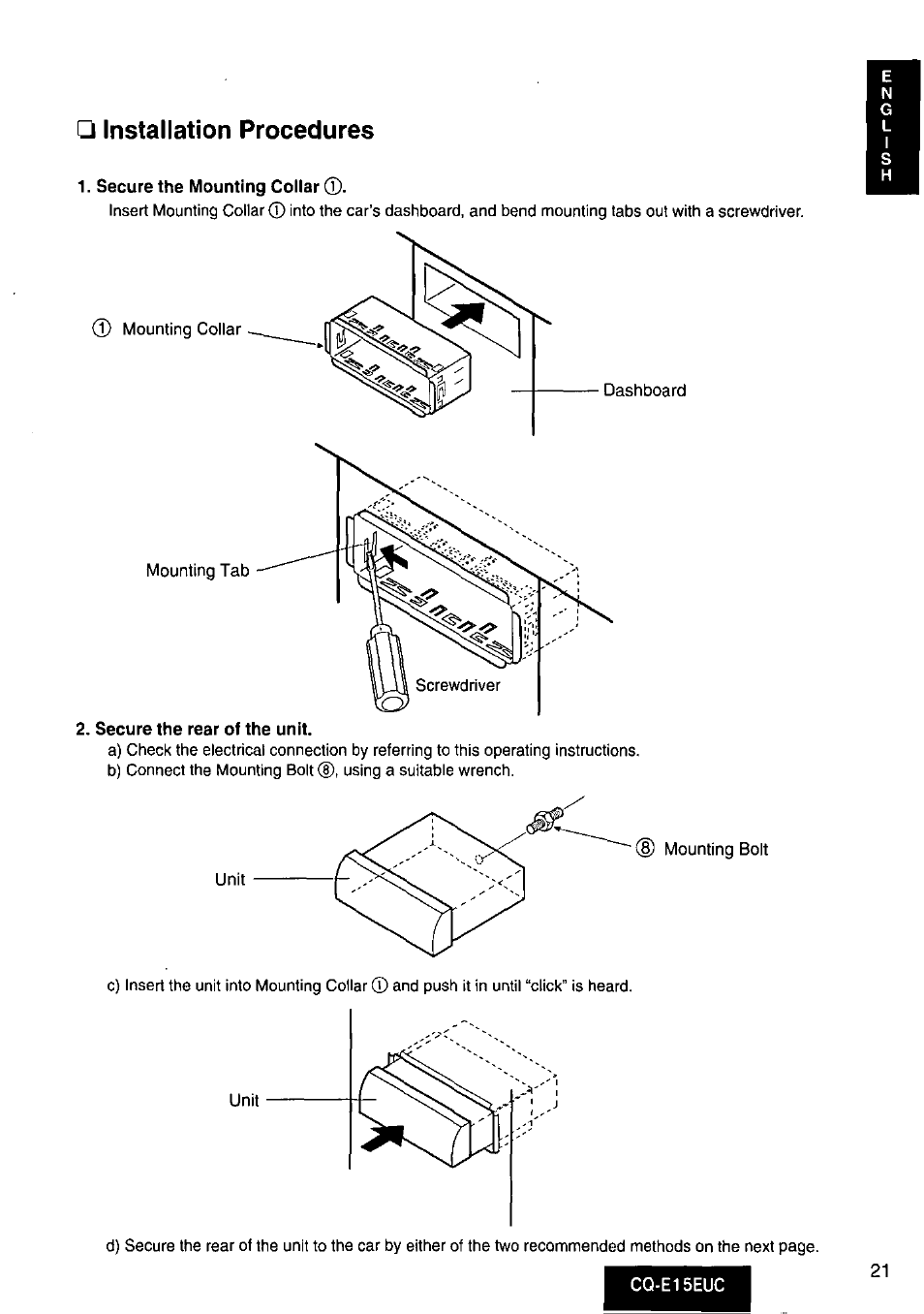 Secure the mounting collar, Secure the rear of the unit, Installation procedures | Panasonic CQE15EUC User Manual | Page 21 / 76