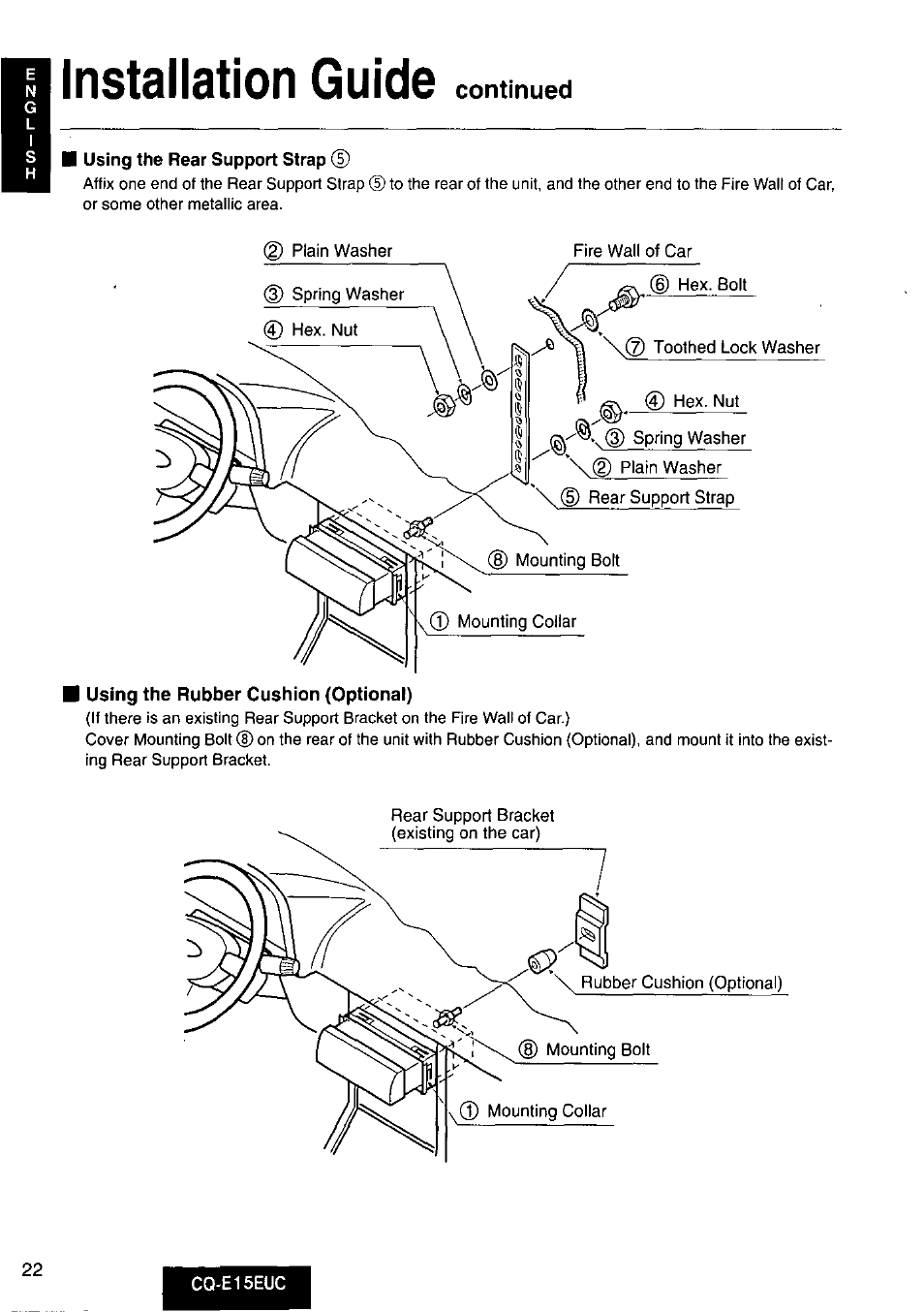 Using the rear support strap (d, Installation guide | Panasonic CQE15EUC User Manual | Page 22 / 76