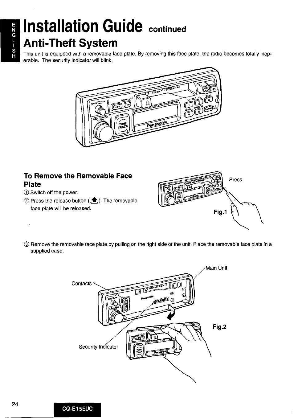 Anti-theft system, Installation guide | Panasonic CQE15EUC User Manual | Page 24 / 76