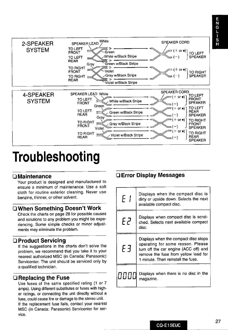 Troubleshooting, Speaker system, Maintenance | When something doesn’t work, Product servicing, Replacing the fuse, Error display messages | Panasonic CQE15EUC User Manual | Page 27 / 76