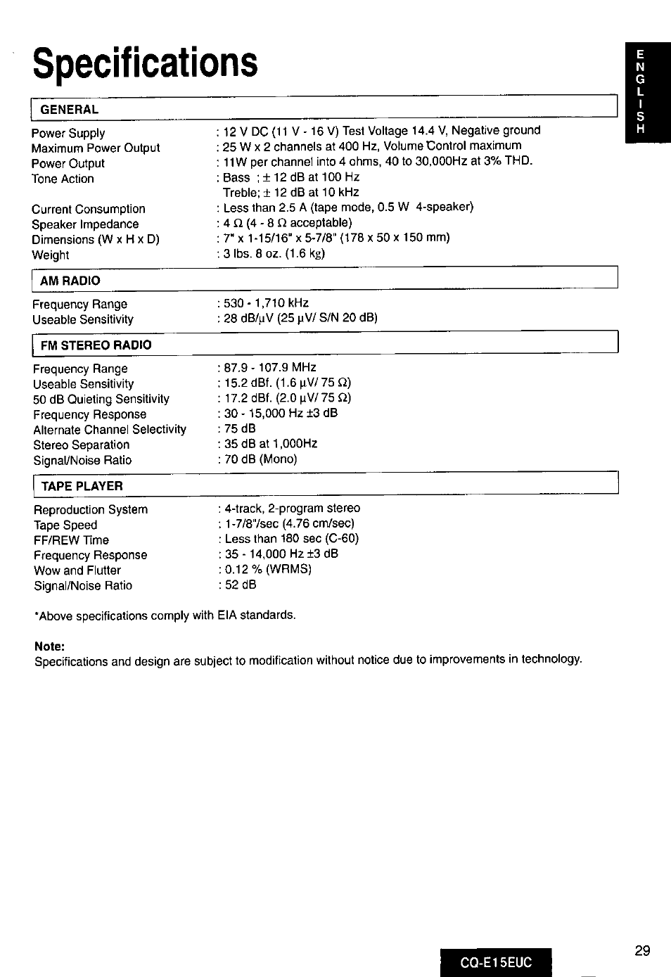 Specifications | Panasonic CQE15EUC User Manual | Page 29 / 76