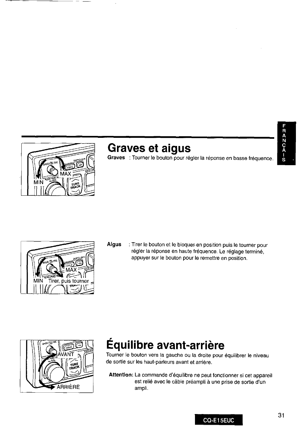 Graves et aigus, Équilibre avant-arrière | Panasonic CQE15EUC User Manual | Page 31 / 76