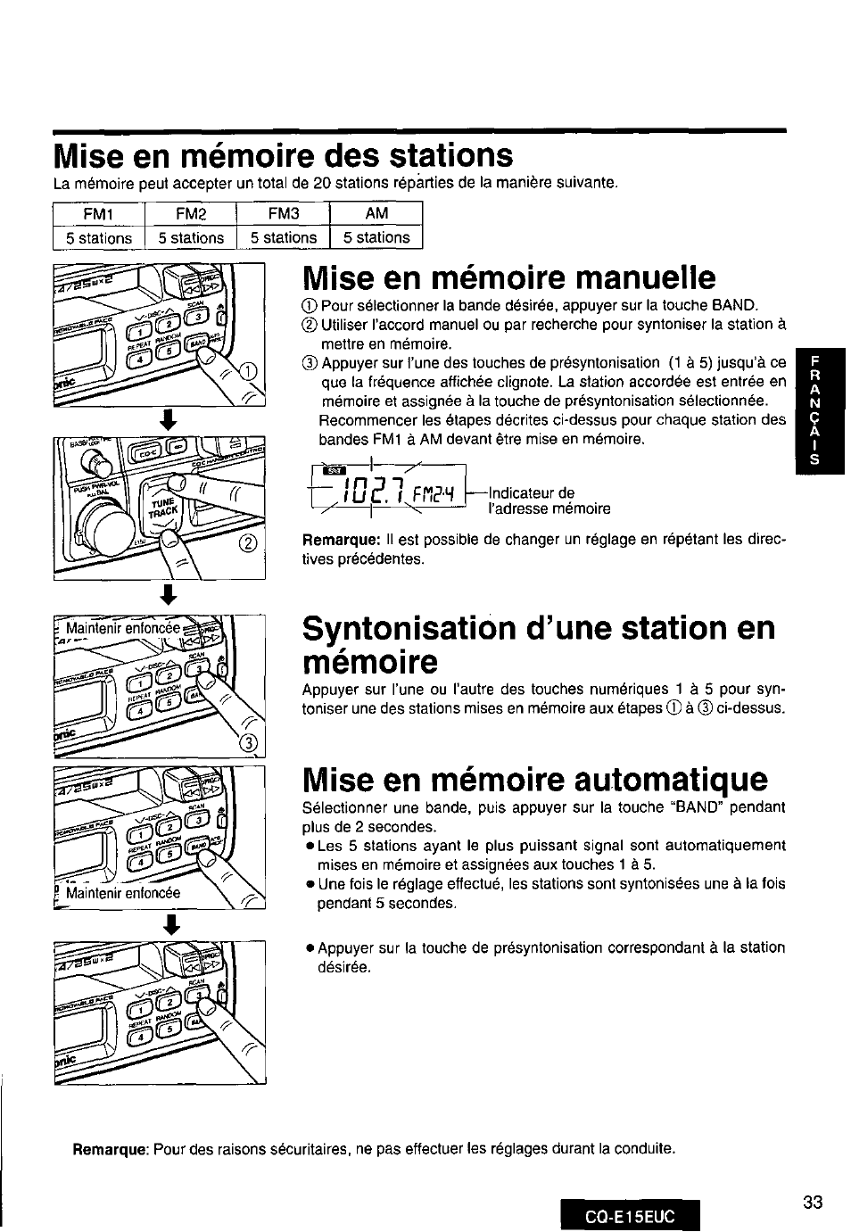 Mise en mémoire manueiie, Syntonisation d’une station en mémoire, Mise en mémoire automatique | Mise en mémoire des stations | Panasonic CQE15EUC User Manual | Page 33 / 76