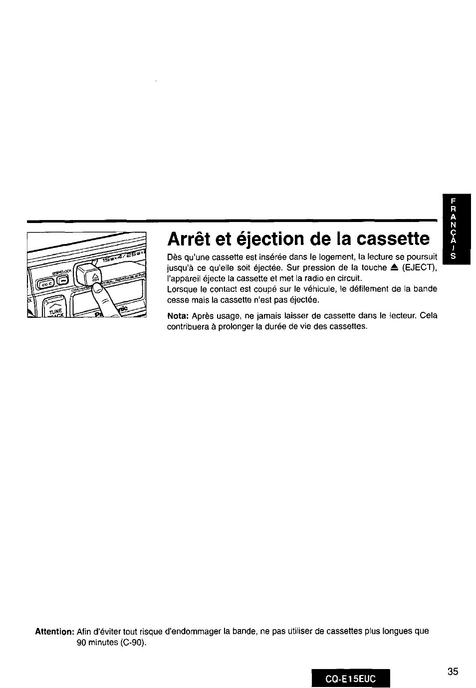 Arrêt et éjection de la cassette | Panasonic CQE15EUC User Manual | Page 35 / 76