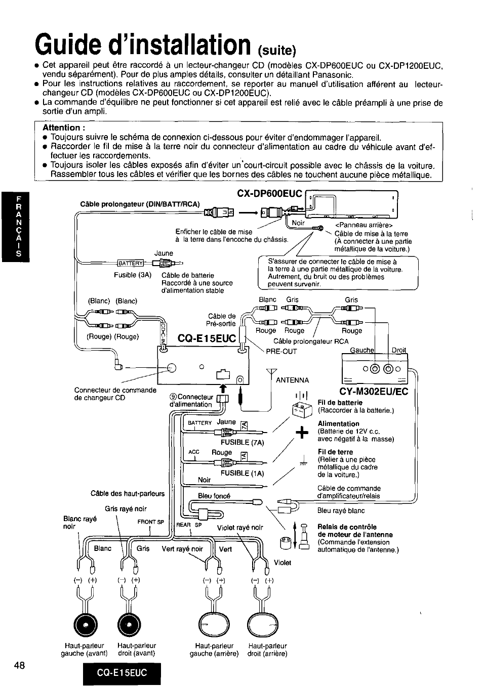 Attention, Cx-dp600euc, Cy-m302eu/ec | Guide d’installation, Suite), 48 cq-e15euc | Panasonic CQE15EUC User Manual | Page 48 / 76