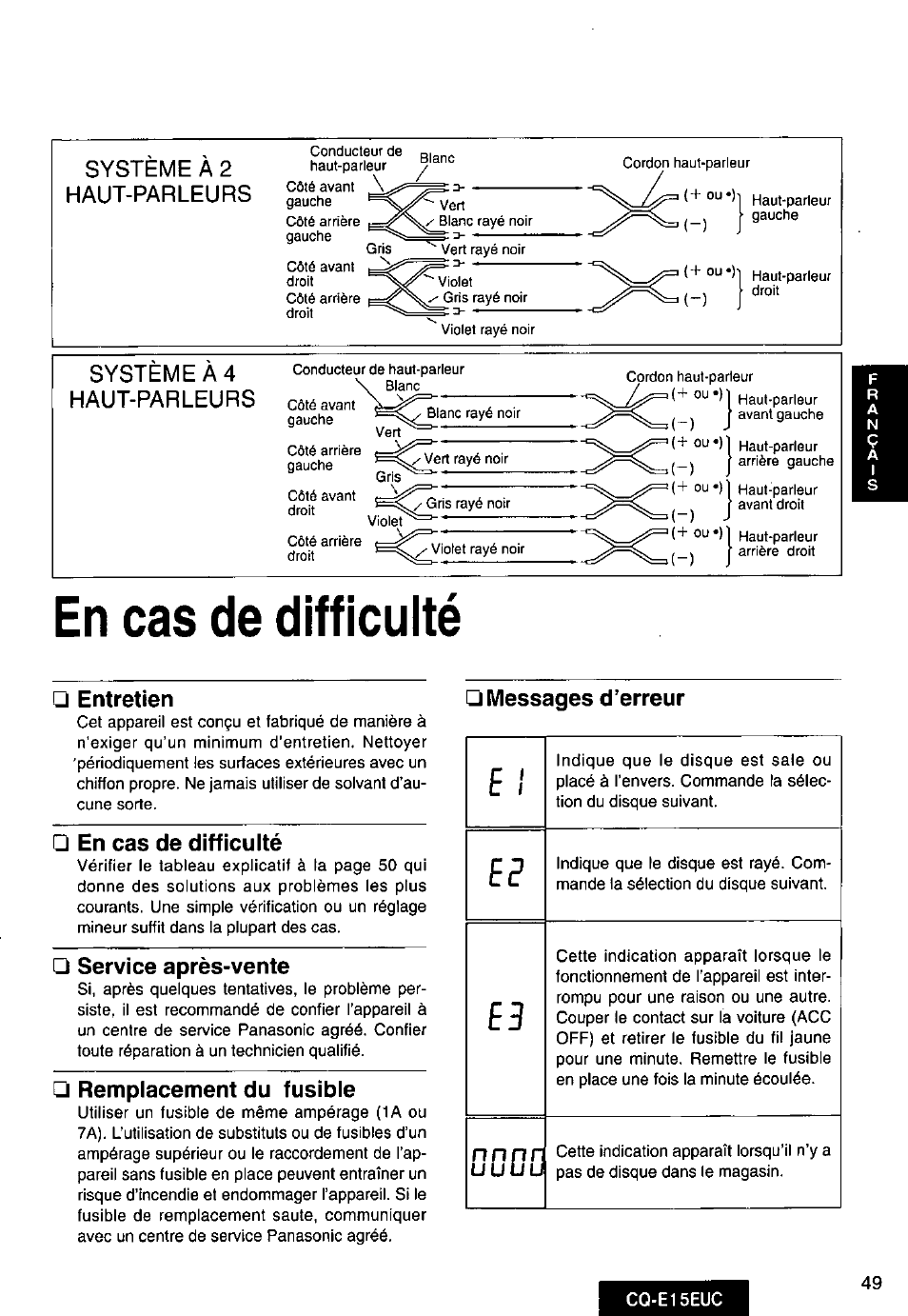 En cas de difficulté, Uuuü, Systeme a 2 haut-parleurs | Systeme a4 haut-parleurs | Panasonic CQE15EUC User Manual | Page 49 / 76
