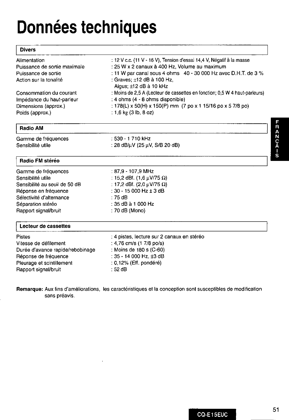 Données techniques | Panasonic CQE15EUC User Manual | Page 51 / 76