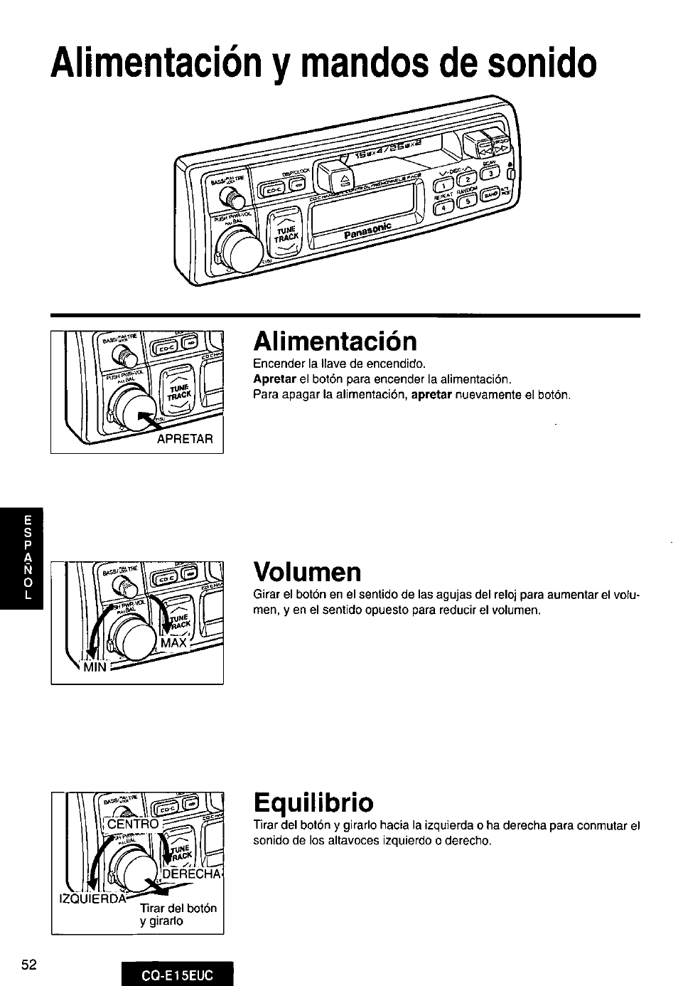 Alimentación y mandos de sonido, Alimentación, Volumen | Equilibrio | Panasonic CQE15EUC User Manual | Page 52 / 76