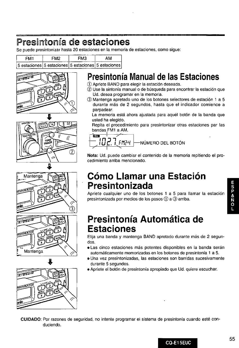 Presintonía manual de las estaciones, Cómo llamar una estación presintonizada, Presintonía automática de estaciones | Presintonía de estaciones | Panasonic CQE15EUC User Manual | Page 55 / 76