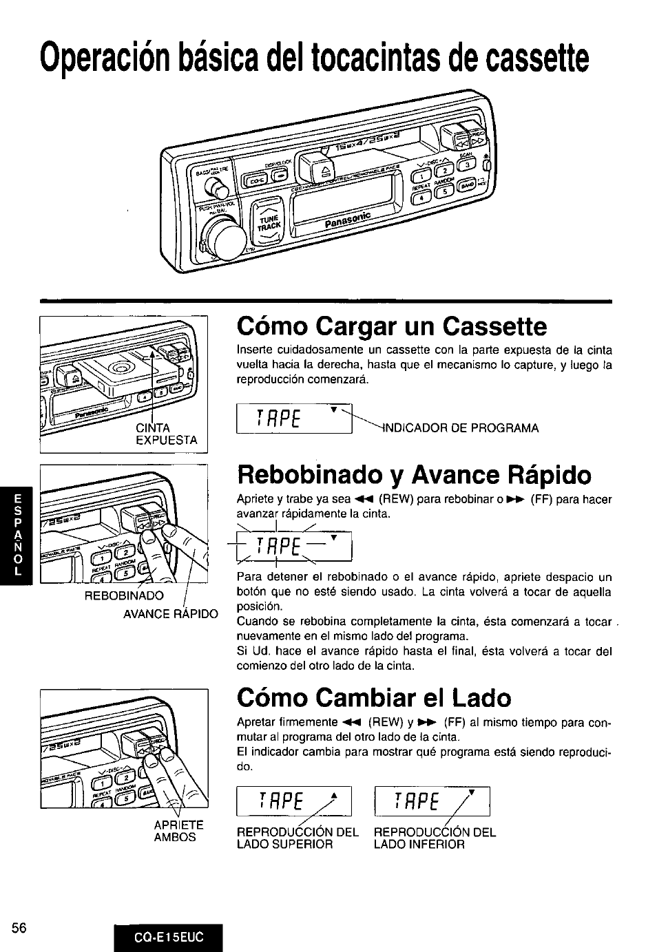 Operación básica del tocacintas de cassette, Cómo cargar un cassette, Rebobinado y avance rápido | Cómo cambiar el lado, R p p e, R ñ p e | Panasonic CQE15EUC User Manual | Page 56 / 76
