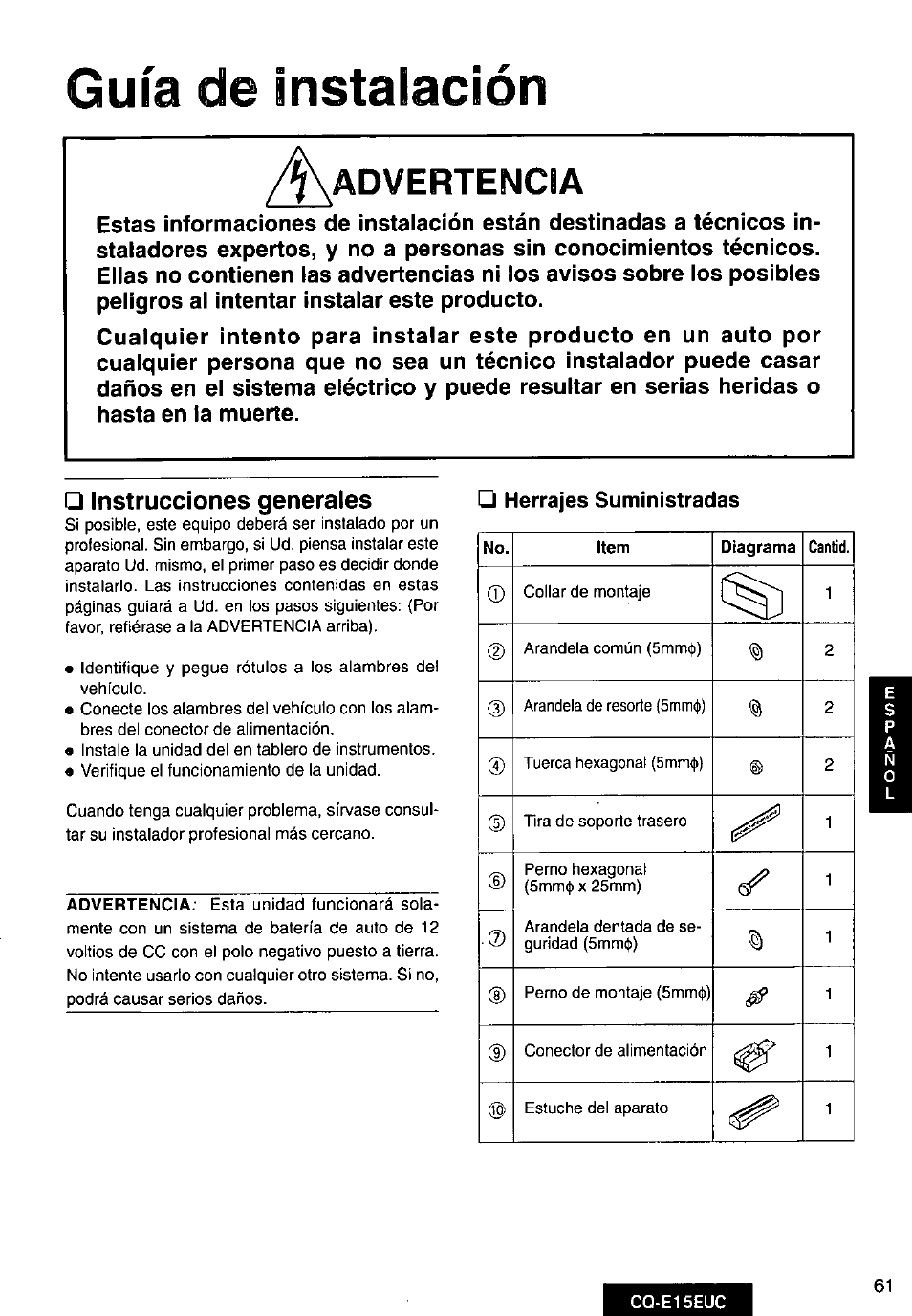 Advertencia, Instrucciones generales, Guía de instalación | Panasonic CQE15EUC User Manual | Page 61 / 76