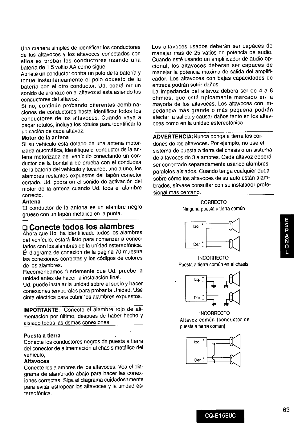 Conecte todos los alambres, Puesta a tierra | Panasonic CQE15EUC User Manual | Page 63 / 76