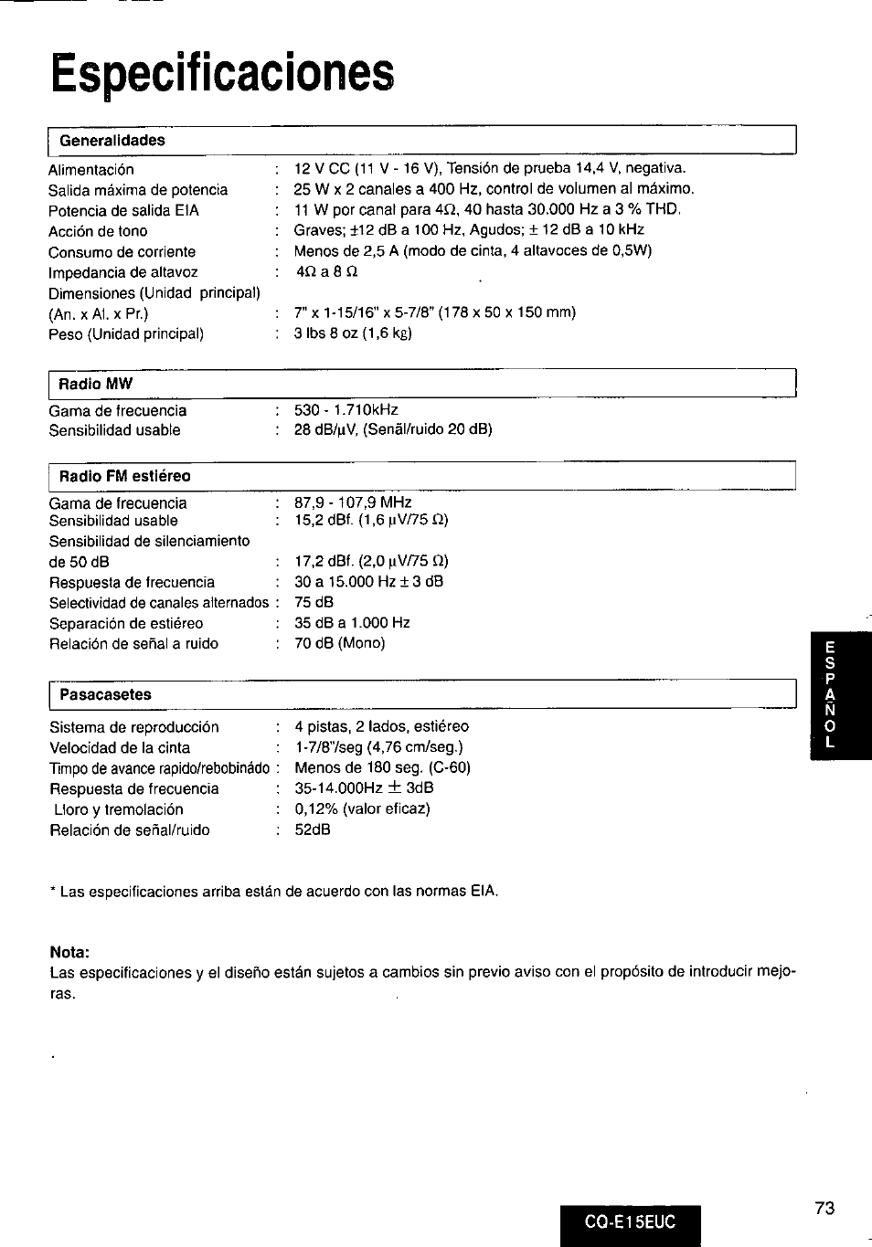 Especificaciones, Nota | Panasonic CQE15EUC User Manual | Page 73 / 76