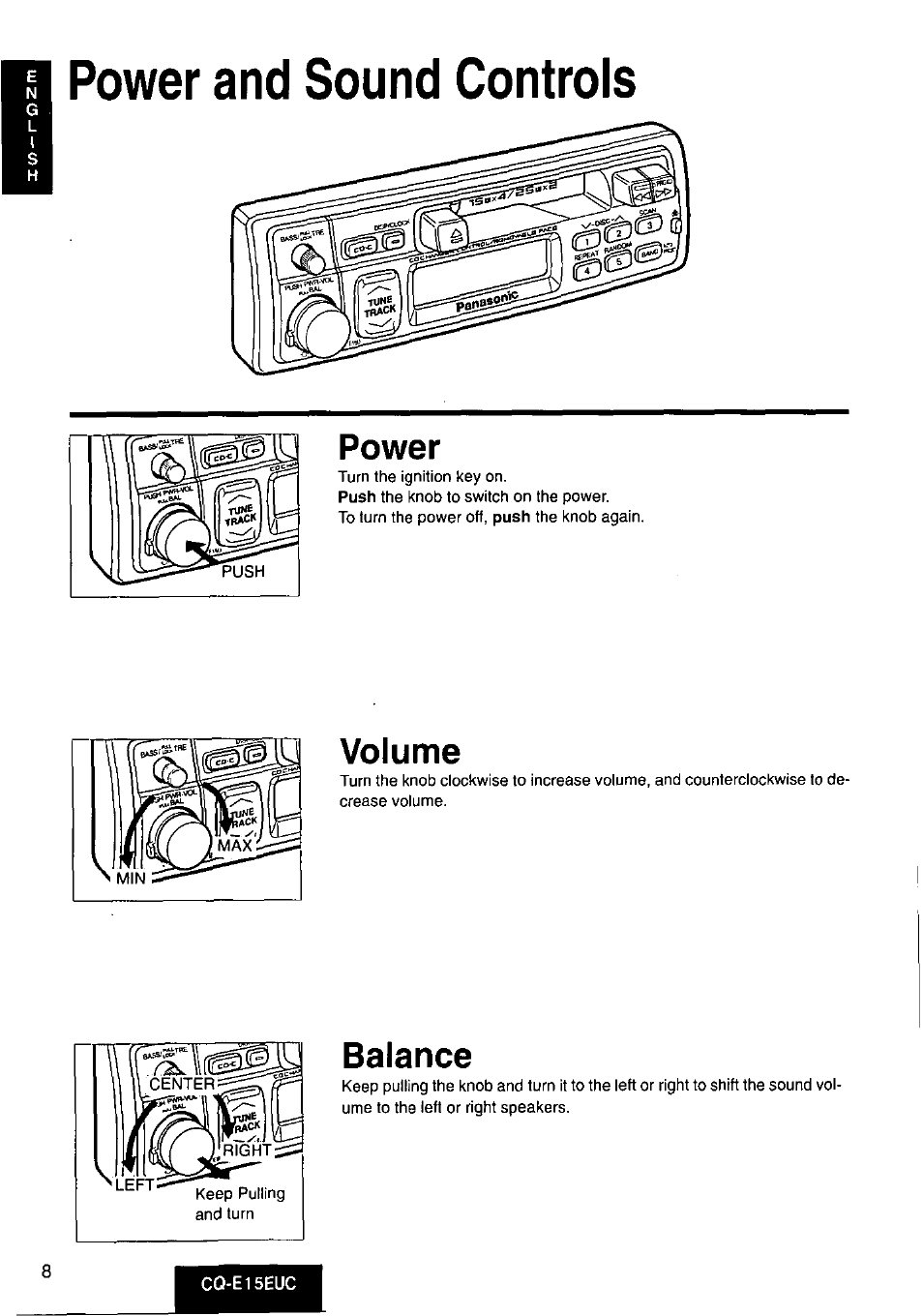 Power and sound controls, Power, Volume | Balance | Panasonic CQE15EUC User Manual | Page 8 / 76