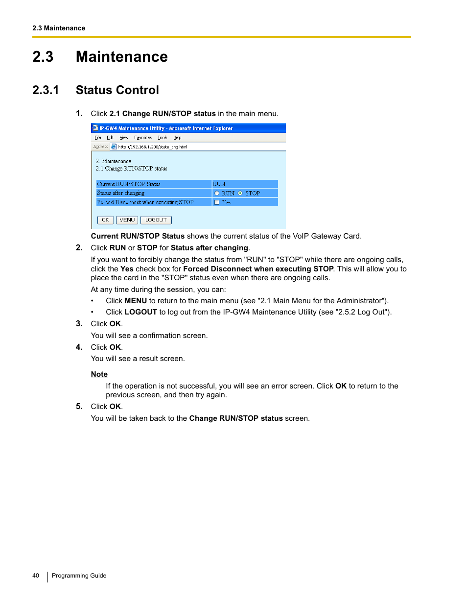 3 maintenance, 1 status control | Panasonic KX-TDA0484 User Manual | Page 40 / 68
