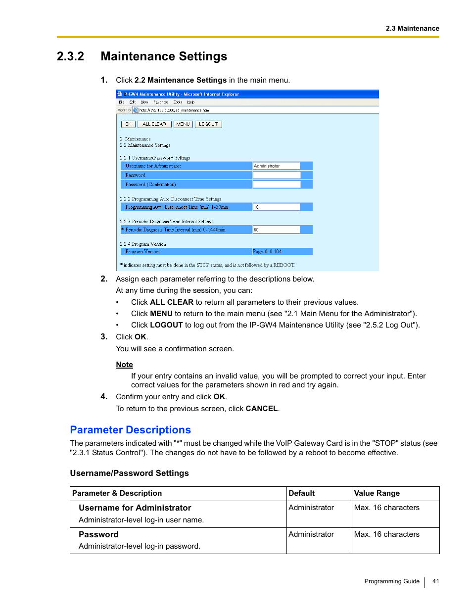 2 maintenance settings, Parameter descriptions | Panasonic KX-TDA0484 User Manual | Page 41 / 68