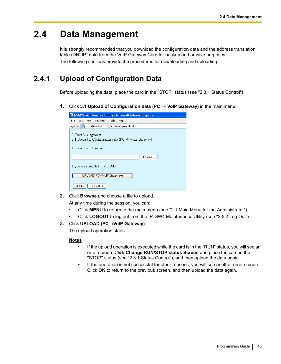 4 data management, 1 upload of configuration data | Panasonic KX-TDA0484 User Manual | Page 45 / 68