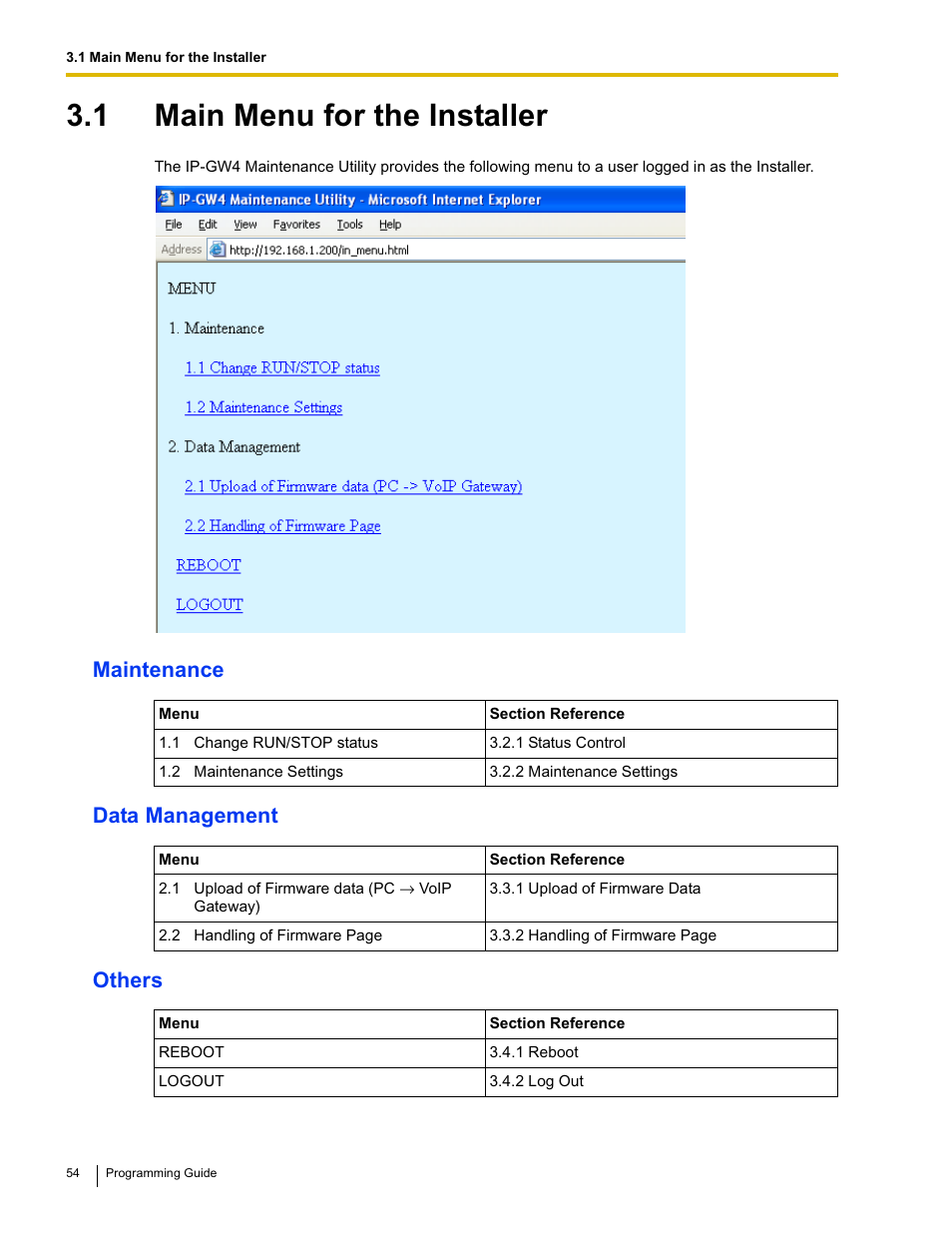 1 main menu for the installer, Maintenance data management others | Panasonic KX-TDA0484 User Manual | Page 54 / 68