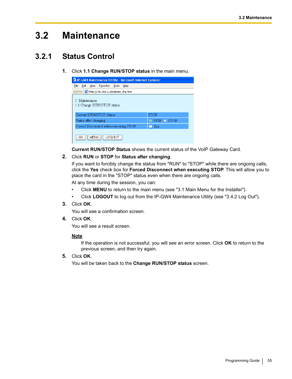 2 maintenance, 1 status control | Panasonic KX-TDA0484 User Manual | Page 55 / 68