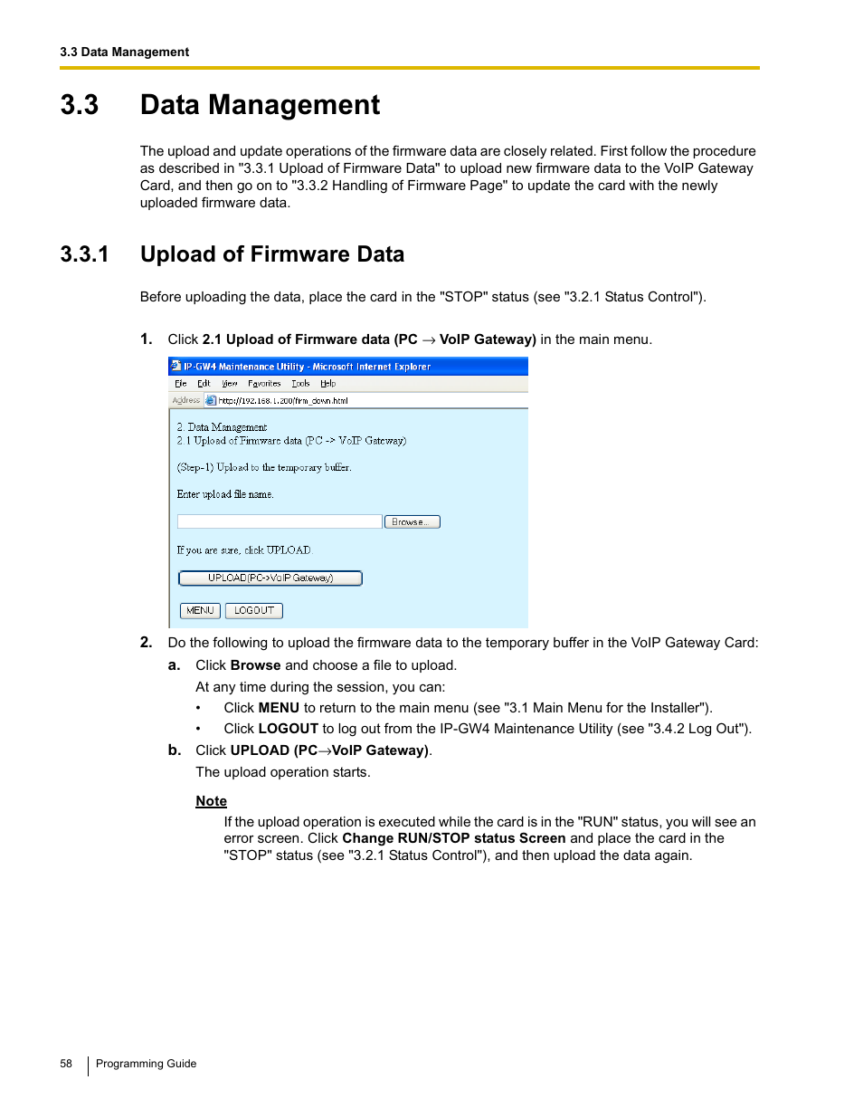 3 data management, 1 upload of firmware data | Panasonic KX-TDA0484 User Manual | Page 58 / 68