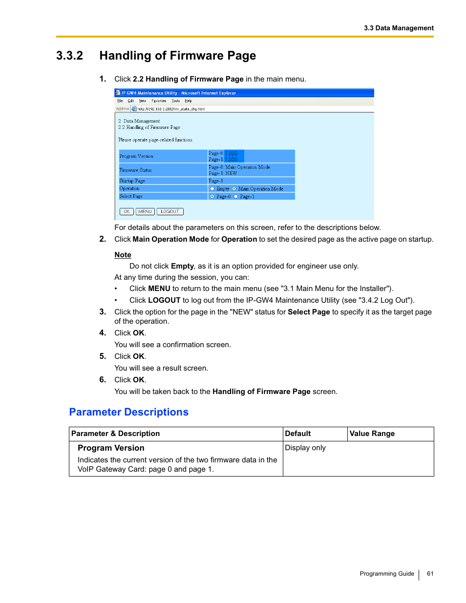2 handling of firmware page, Parameter descriptions | Panasonic KX-TDA0484 User Manual | Page 61 / 68