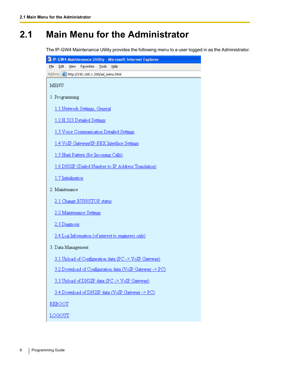 1 main menu for the administrator | Panasonic KX-TDA0484 User Manual | Page 8 / 68