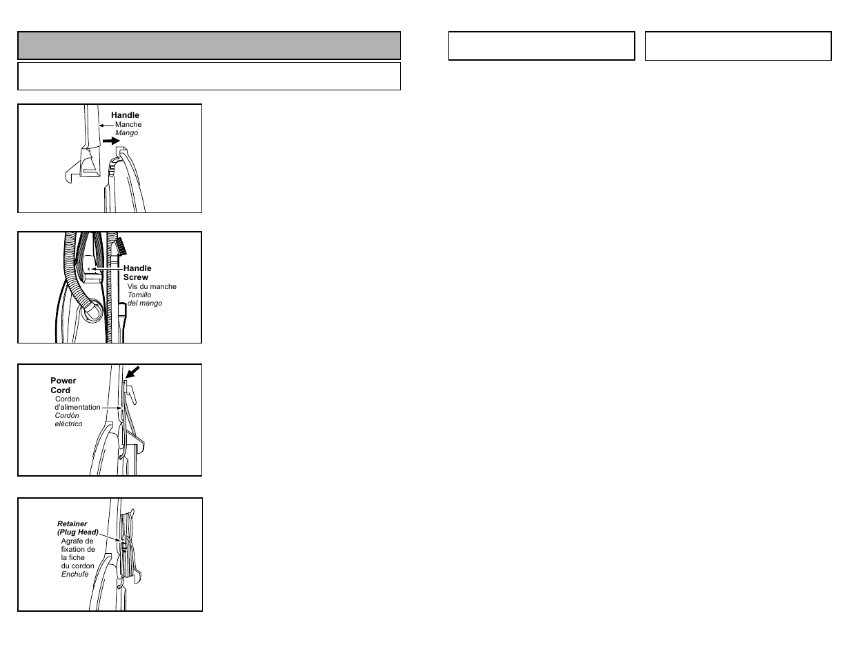 Degagement des obstructions, Quitar de los residuos de basura en los conductos, Assembly | Attaching handle | Panasonic MC-V5745 User Manual | Page 37 / 48