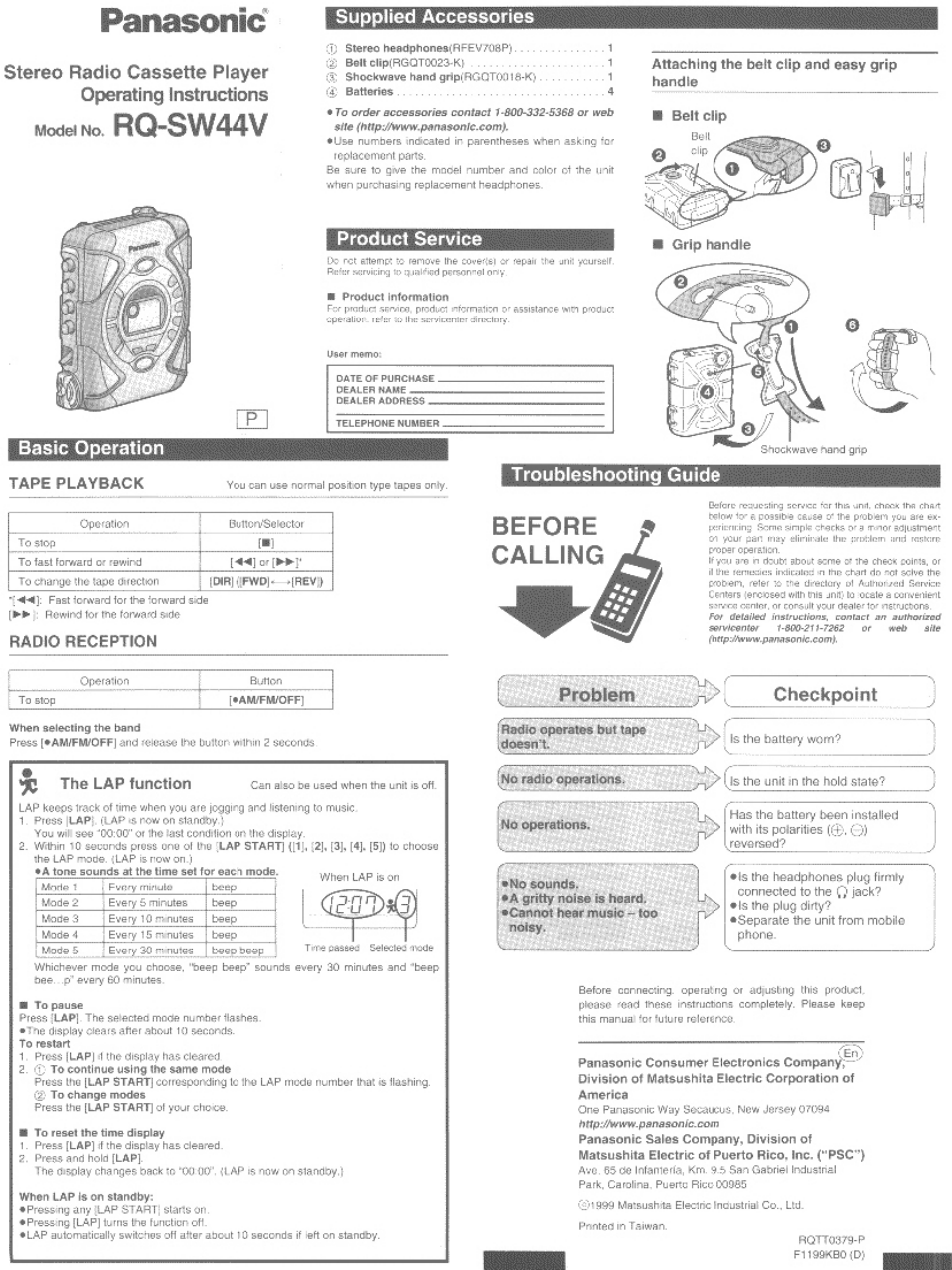Panasonic RQ SW44V User Manual | 5 pages