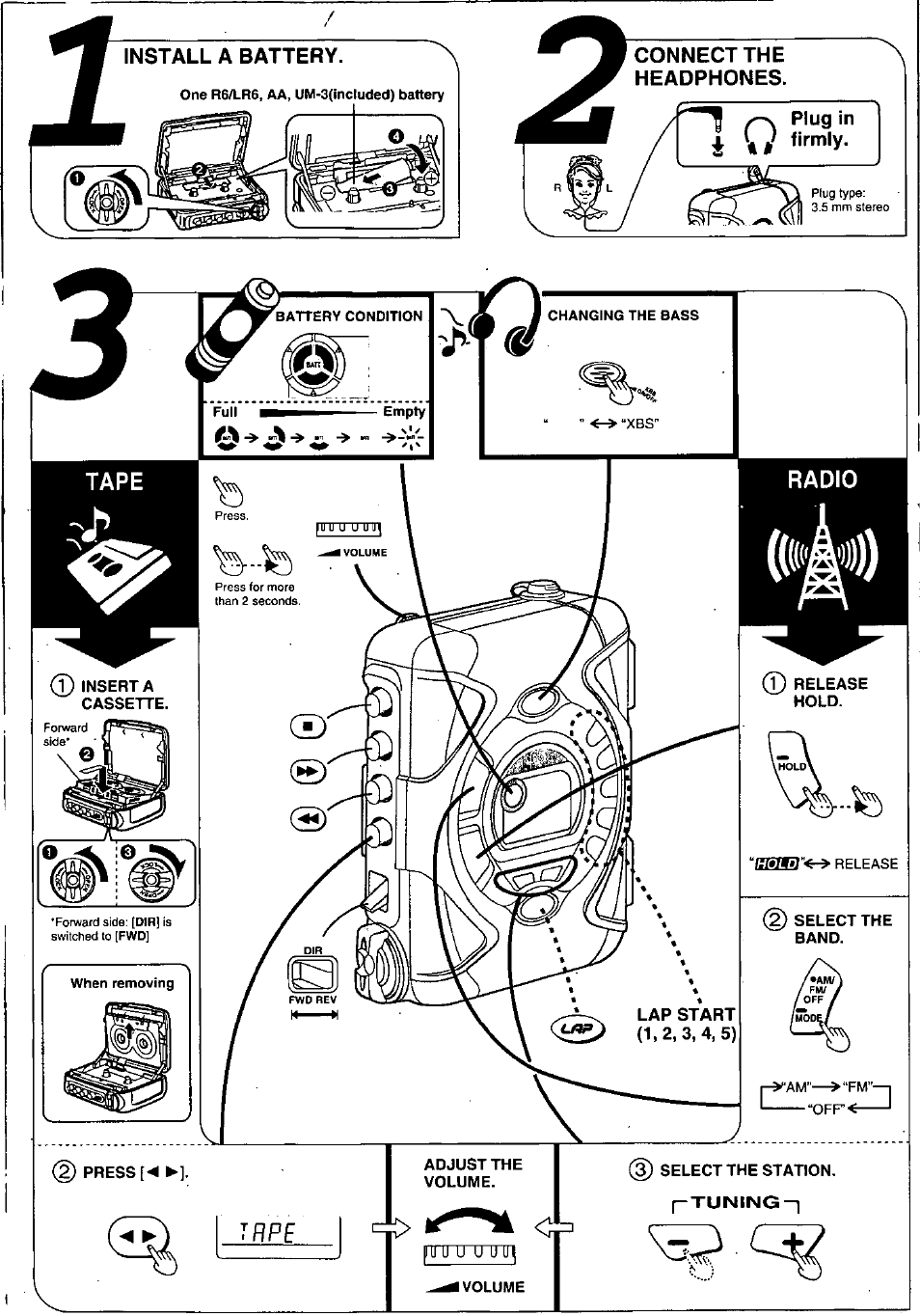 Install a battery, Connect the headphones, Tape | Panasonic RQ SW44V User Manual | Page 2 / 5