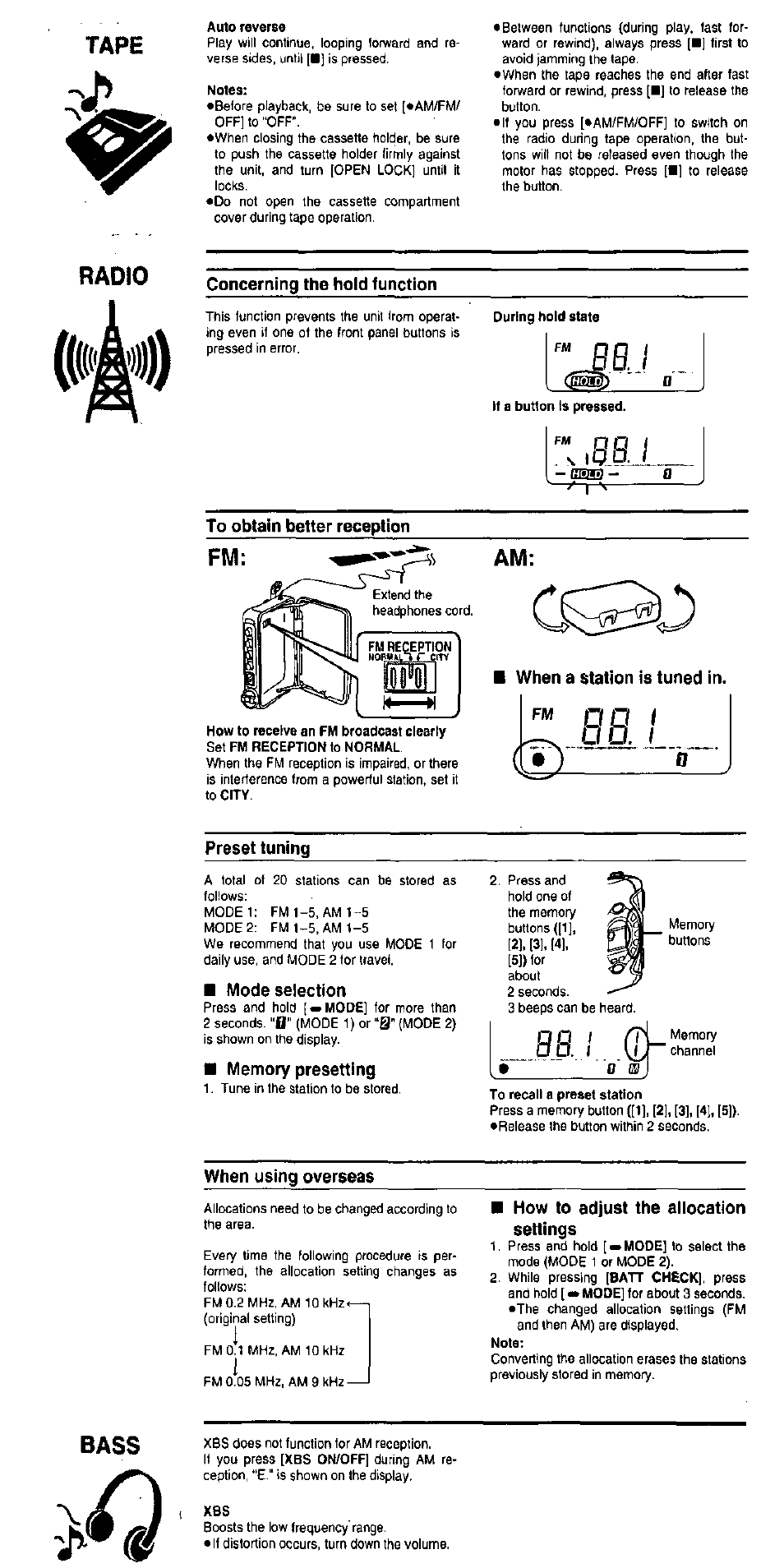 Auto reverse, Notes, Concerning the hold function | During hold state, If a button ts pressed, To obtain better reception, When a station is tuned in, Preset tuning, Mode selection, Memory presetting | Panasonic RQ SW44V User Manual | Page 3 / 5