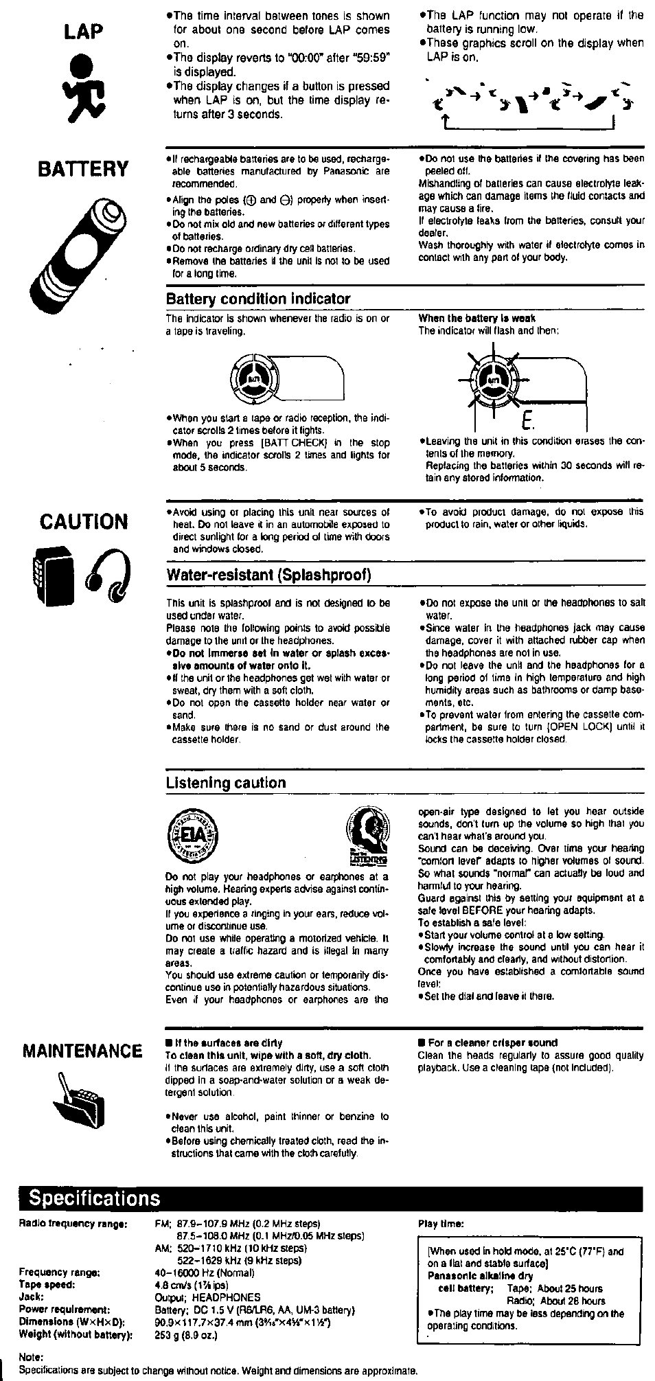 Battery condition indicator, Water-resistant (splashproof), Listening caution | T______________ i battery, Caution, Specifications, Maintenance | Panasonic RQ SW44V User Manual | Page 4 / 5
