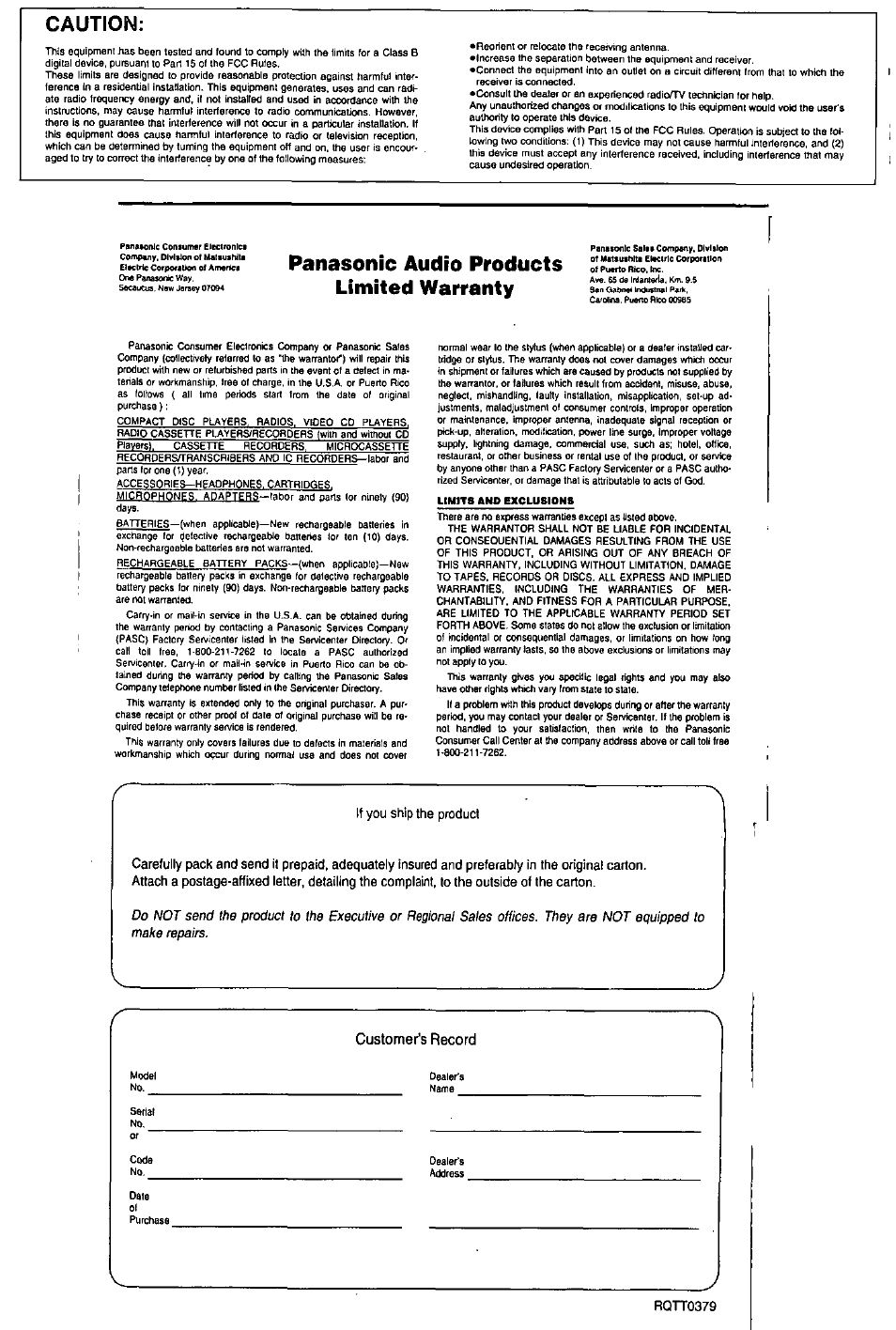 Caution, Panasonic audio products limited warranty, Customer’s record | Panasonic RQ SW44V User Manual | Page 5 / 5