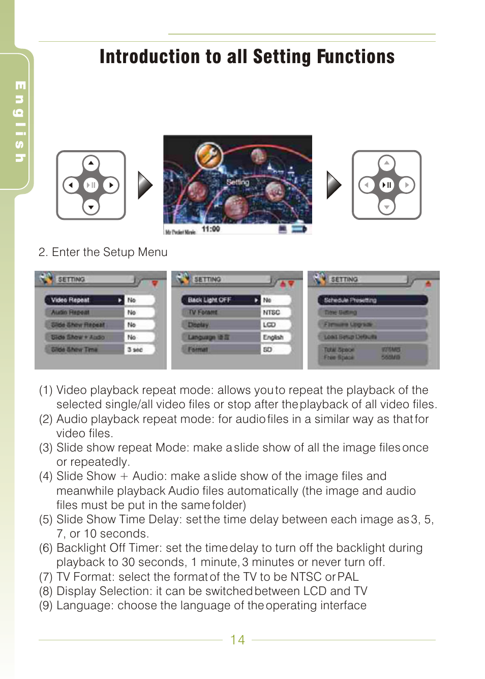 Introduction to all setting functions | Panasonic MDVR-12 User Manual | Page 14 / 38