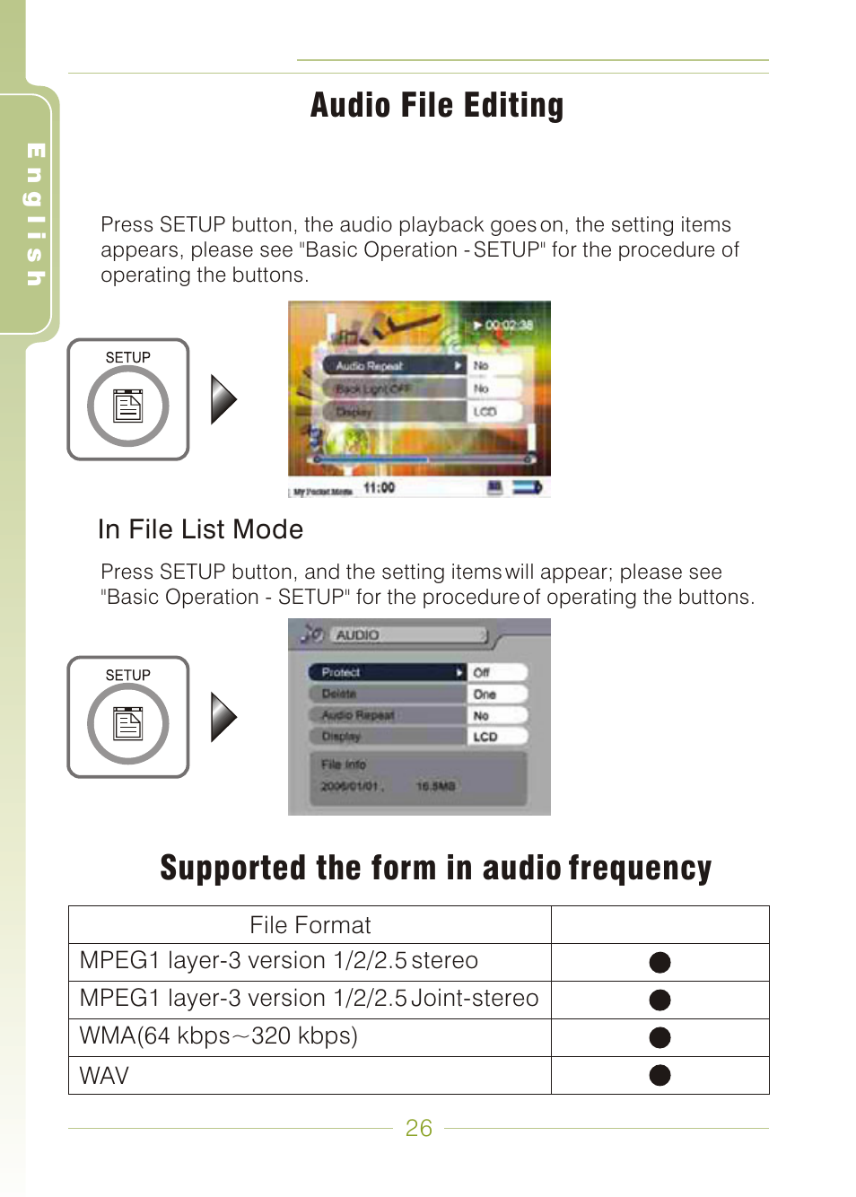 Audio file editing, Supported the form in audio frequency | Panasonic MDVR-12 User Manual | Page 26 / 38