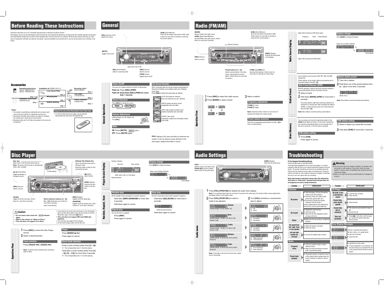 Before reading these instructions, General, Radio (fm/am) | Disc player, Audio settings, Troubleshooting, Accessories | Panasonic CQ-C1105W User Manual | Page 2 / 4