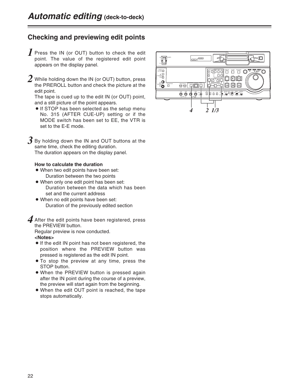 Checking preventing edit points, Automatic editing, Checking and previewing edit points | Deck-to-deck) | Panasonic AJ-SD755P User Manual | Page 22 / 78