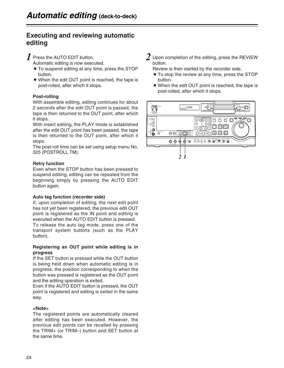 Executing and reviewing automatic editing, Automatic editing, Deck-to-deck) | Panasonic AJ-SD755P User Manual | Page 24 / 78