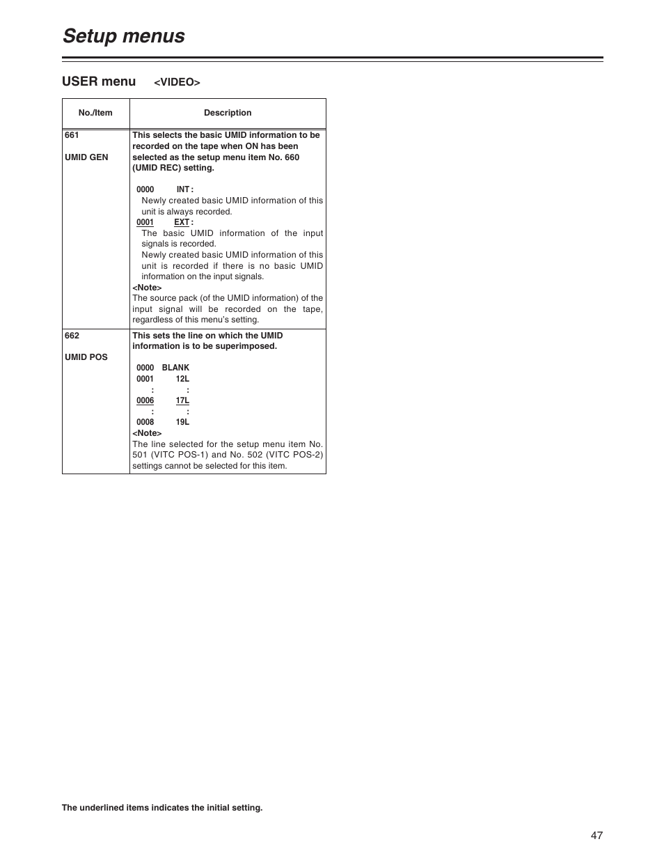 Setup menus, User menu | Panasonic AJ-SD755P User Manual | Page 47 / 78
