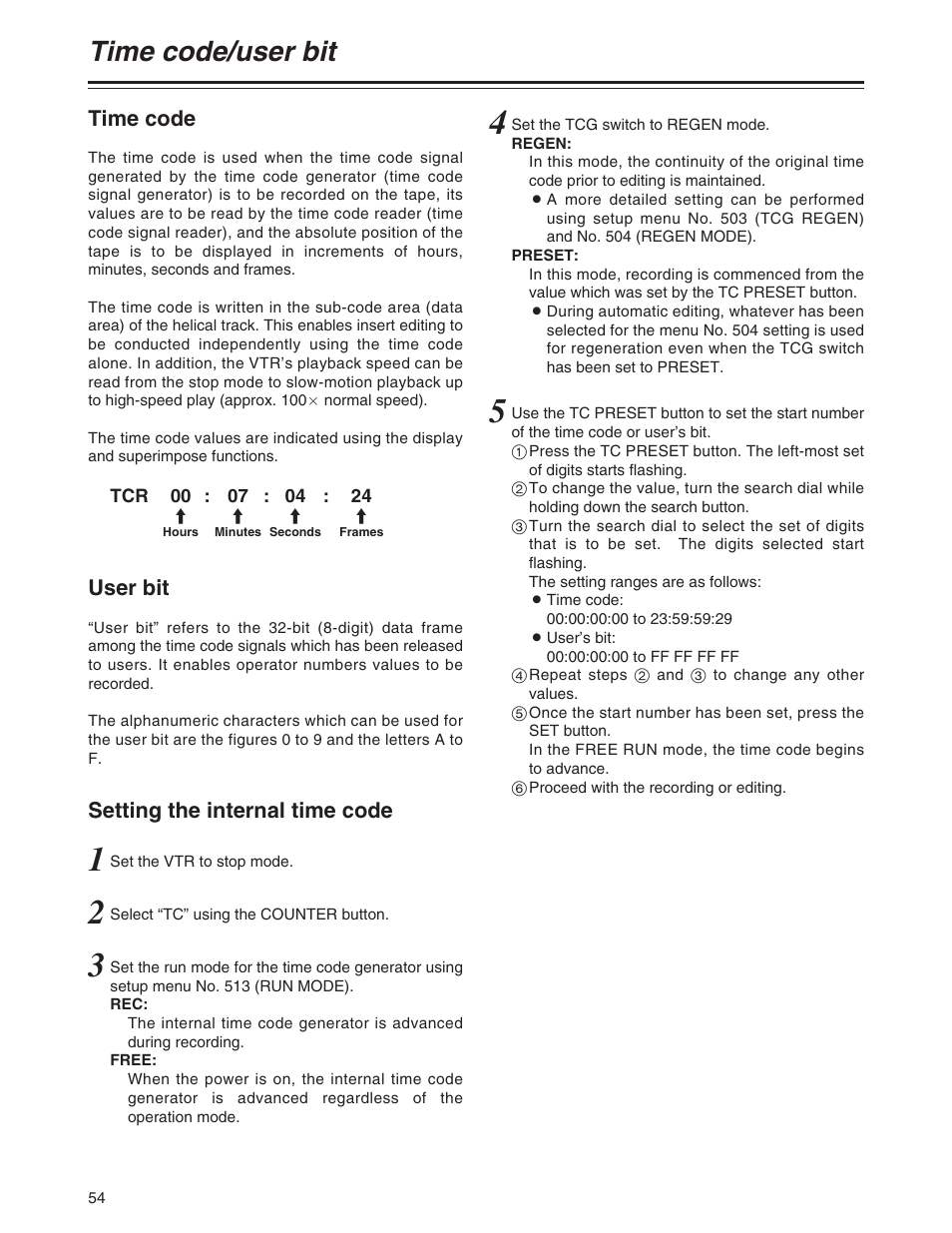 Time code / user bit, Time code/user bit, Time code | User bit, Setting the internal time code | Panasonic AJ-SD755P User Manual | Page 54 / 78
