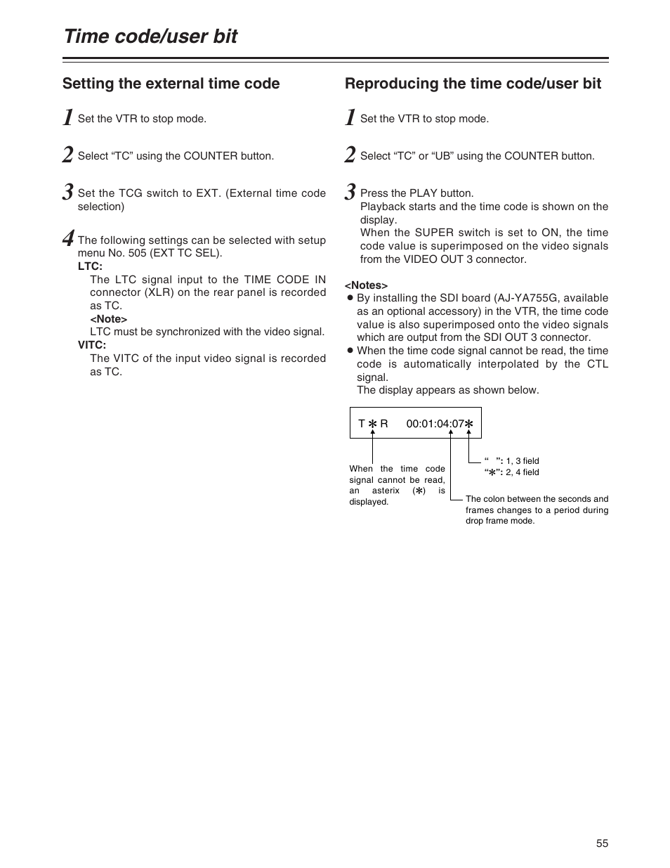 Time code/user bit | Panasonic AJ-SD755P User Manual | Page 55 / 78