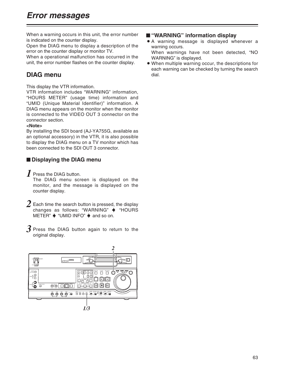 Error messages, Diag menu, Displaying the diag menu | Warning” information display | Panasonic AJ-SD755P User Manual | Page 63 / 78