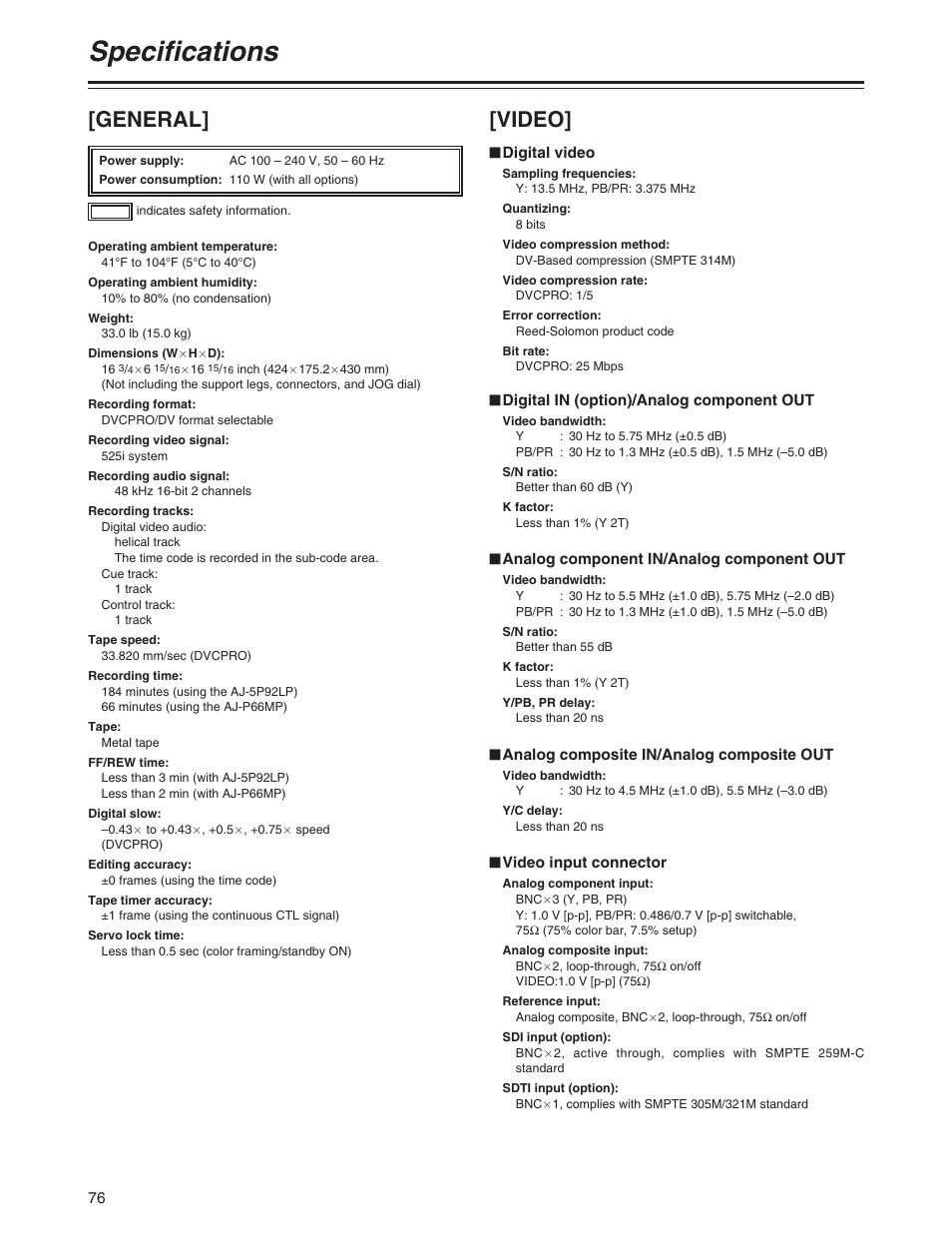 Specifications, General, Video | Panasonic AJ-SD755P User Manual | Page 76 / 78