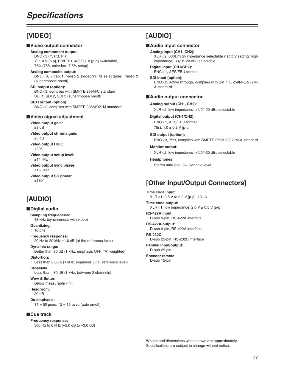 Specifications, Video, Audio | Other input/output connectors | Panasonic AJ-SD755P User Manual | Page 77 / 78